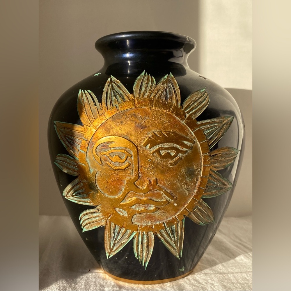 Vintage Celestial Vase Engraved Lacquer Sun Face Moon Star Astrology Tarot 9”
